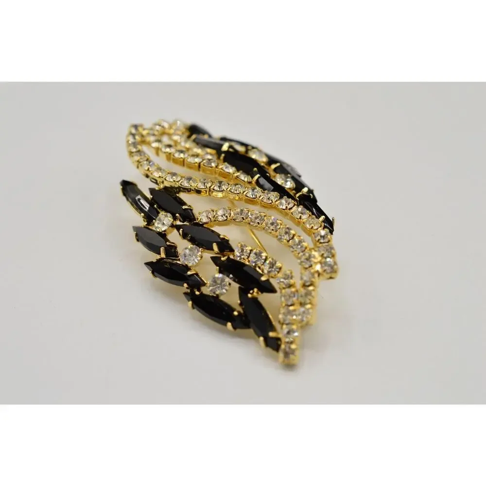 Vintage Prong Crystal Pin Brooch Marquise Rhinestone Black Chunky 1960s BinV
